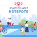 Image titled Healthy Habit Hotspots showing illustrations of people walking and riding bikes in a city setting